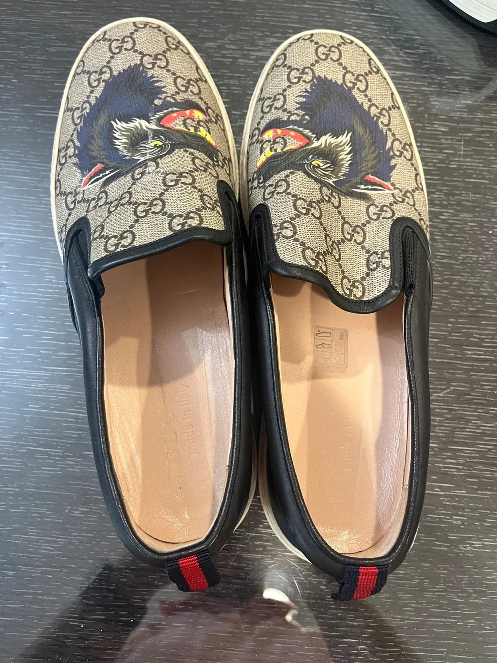 Gucci Beige GG Supreme Canvas Slip-On Sneakers with Black Wolf Graphic